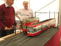 1:16 scale model of a Croydon Tramlink 2530 adjacent to LCC No.1